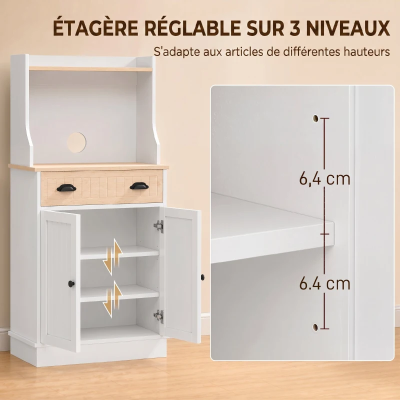 HOMCOM Meuble armoire micro-ondes pour cuisine avec espace ouvert 1 tiroir et placard 2 portes 61 x 35 x 125,4 cm chêne