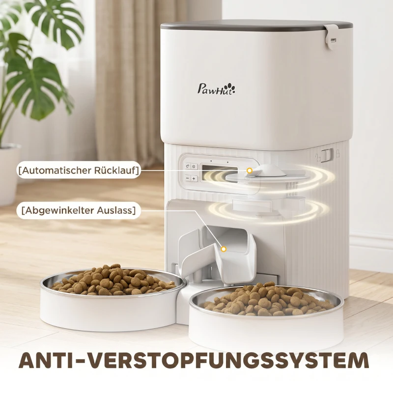 PawHut Alimentador Automático para Gatos/Cães 4L com 2 Tigelas, Dispensador de Ração 1-6 Refeições por Dia e Dupla Alimentação