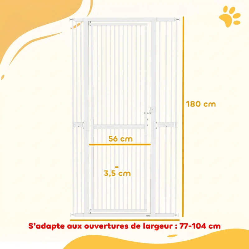PawHut Barrière de Sécurité Animaux 180 cm, Largeur Ajustable 77-104 cm, Ouverture à Double Sens, Montage par Pression, Blanc(m-3)