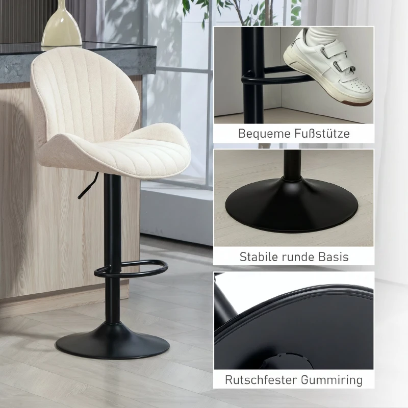 HOMCOM Set 2 Scaune de Bar tip Scoică cu Suport pentru Picioare, din Material Textil cu Efect de Catifea, 48x50x94-115 cm, Negru și Bej