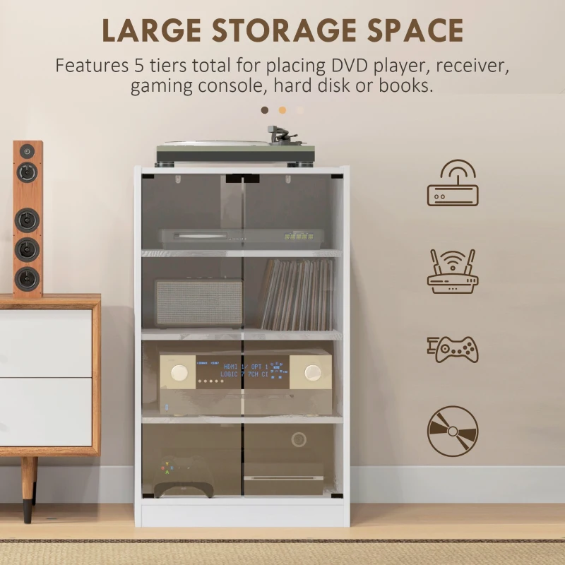 HOMCOM 4-Tier Hi-Fi Stand,  Record Player Stand with Adjustable Shelves and Push-to-Open Glass Doors, White Wood-Effect