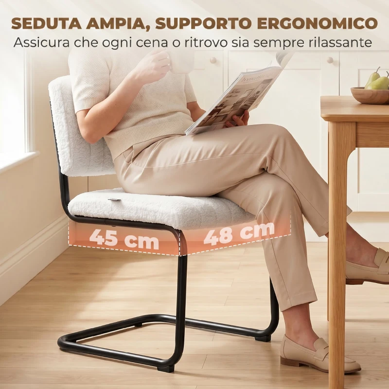 HOMCOM Set 2 sedie da pranzo imbottite in tessuto teddy con gambe a slitta, crema