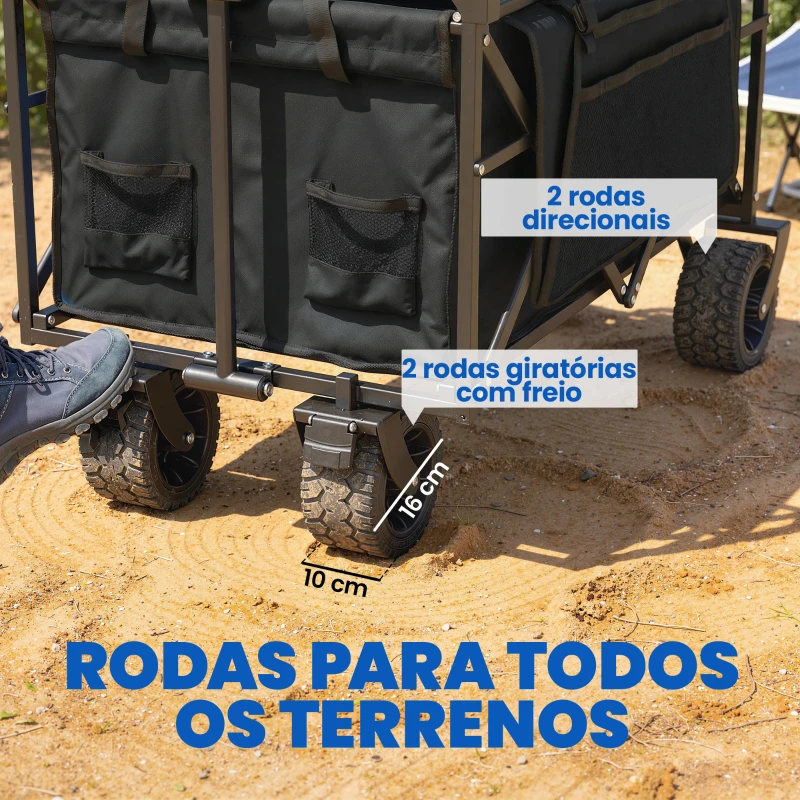 Outsunny Carrinho de Transporte com Rodas Grandes Travão Teto Amovível Carro Dobrável para Jardim com Barra Ajustável 125x59x133 cm Preto