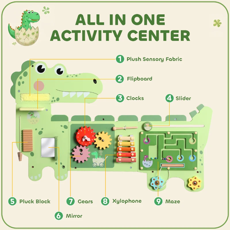 AIYAPLAY Busy Board Panels, Wall Mounted Montessori Inspired Busy Board, Toddler Learning Centre Dinosaur Theme, Green