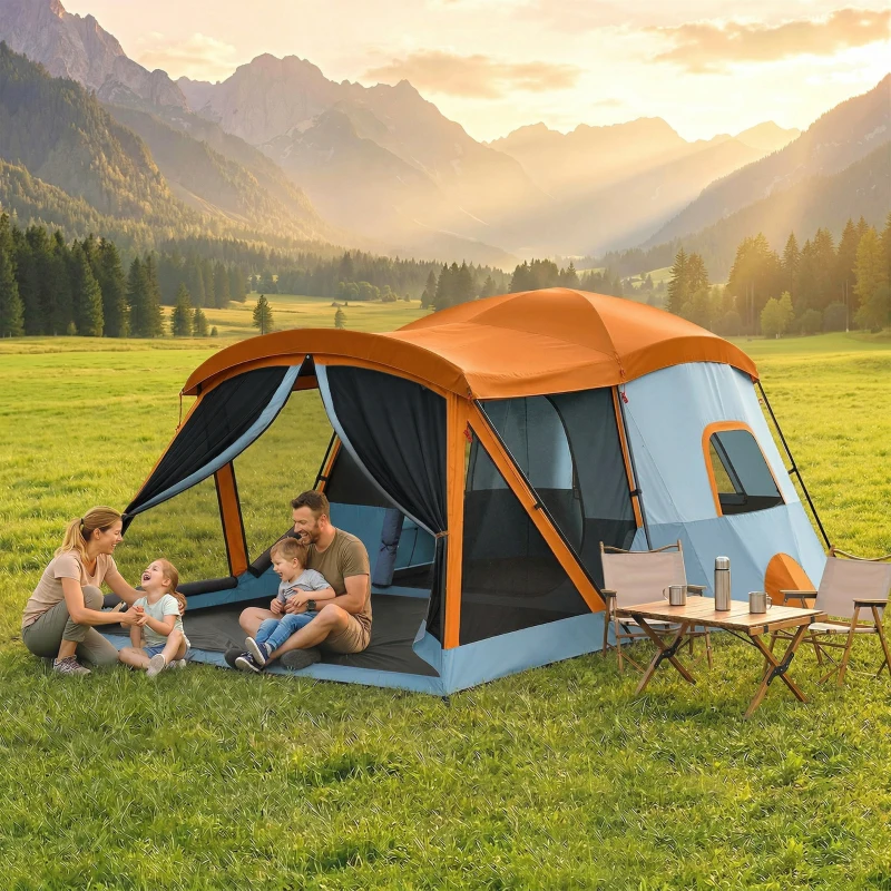 Outsunny Tienda de Campaña Familiar Tipo Túnel para 4 Personas con 2 Habitaciones Puertas Tragaluces Impermeable Fácil Montaje