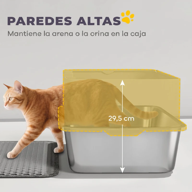 PawHut Arenero para Gatos de Acero Inoxidable XL con Borde Alto Pala Fácil de Limpiar Prueba de Fugas 60x40x29,5 cm Gris