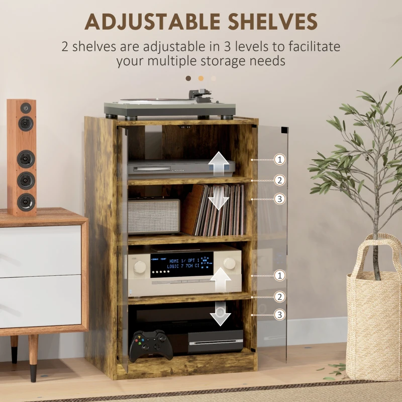 HOMCOM 4-Tier Hi-Fi Stand,  Record Player Stand with Adjustable Shelves and Push-to-Open Glass Doors, Rustic Brown