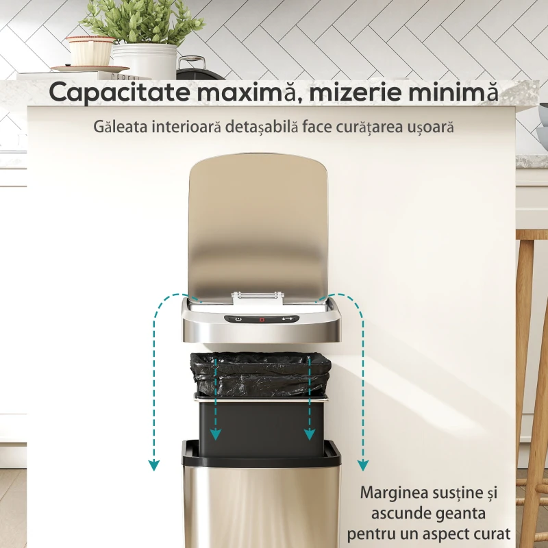 HOMCOM Coș de Gunoi 12L cu Senzor Infraroșu și Recipient Detasabil, din Oțel Inoxidabil, ABS și PP, 28x22x41 cm, Argintiu