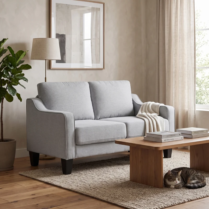 HOMCOM Canapea modernă cu 2 locuri, compactă, din țesătură cu efect de in, 136x77x86 cm, gri deschis