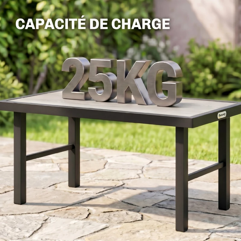 Outsunny Table basse de jardin rectangulaire table de jardin avec plateau SPC à effet bois en métal, 100 x 52 x 46 cm, noir