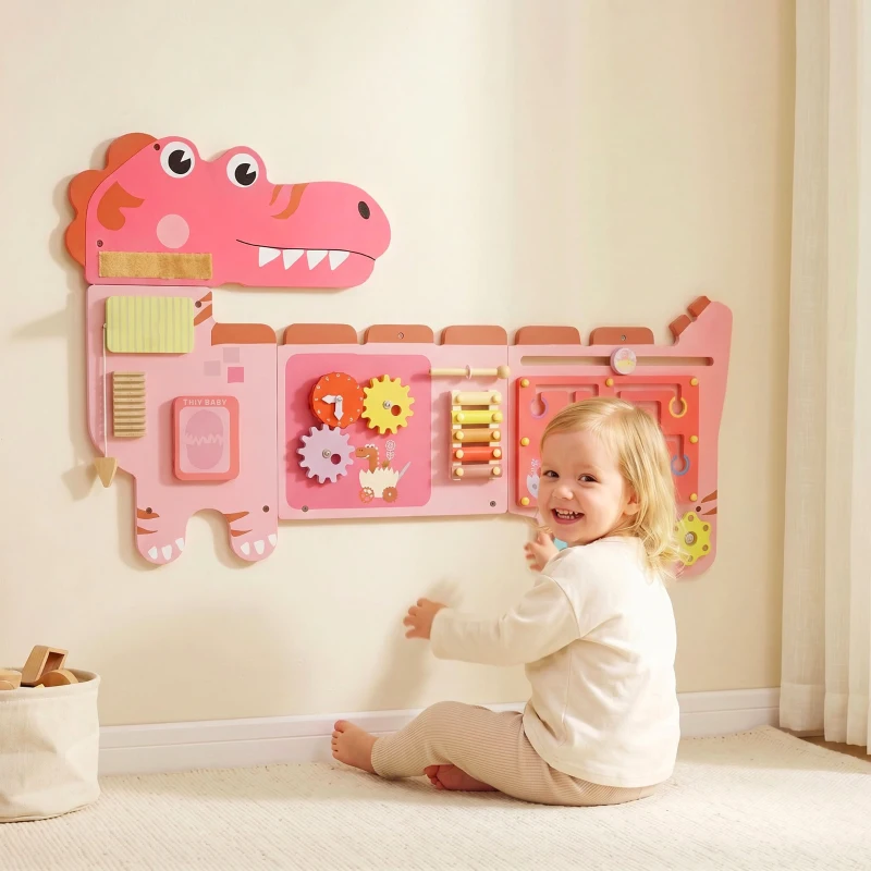 AIYAPLAY Busy Board Panels, Wall Mounted Montessori Inspired Busy Board, Toddler Learning Centre Dinosaur Theme, Pink