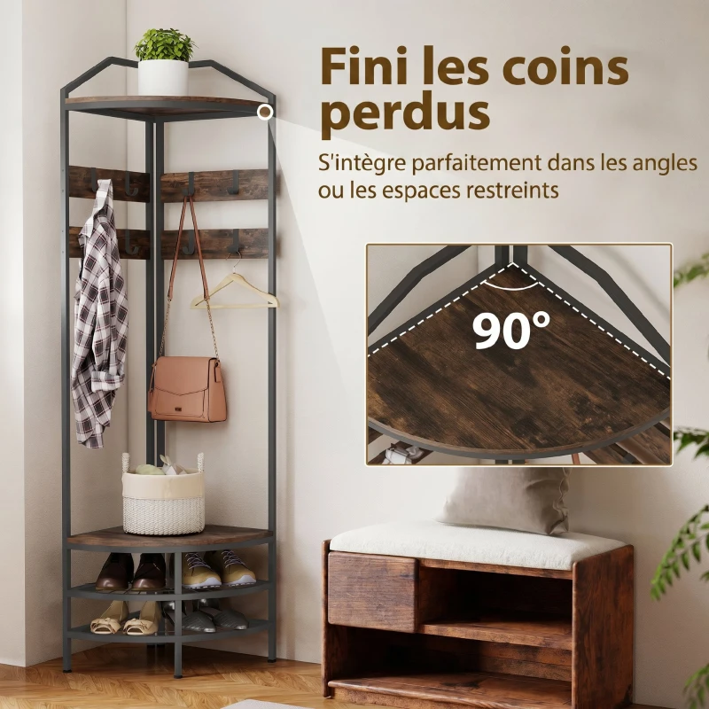 HOMCOM Meuble d'entrée d'angle, vestiaire à 4 niveaux, rangement pour chaussures, 8 patères mobiles, 2 étagères, brun rustique