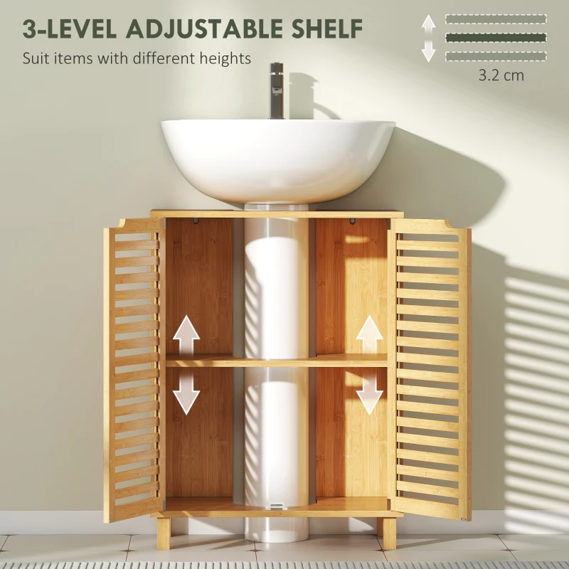 HOMCOM Under Sink Bathroom Cabinet, Freestanding Bamboo Under Sink Cabinet with Louvered Doors and Adjustable Shelf, Natural