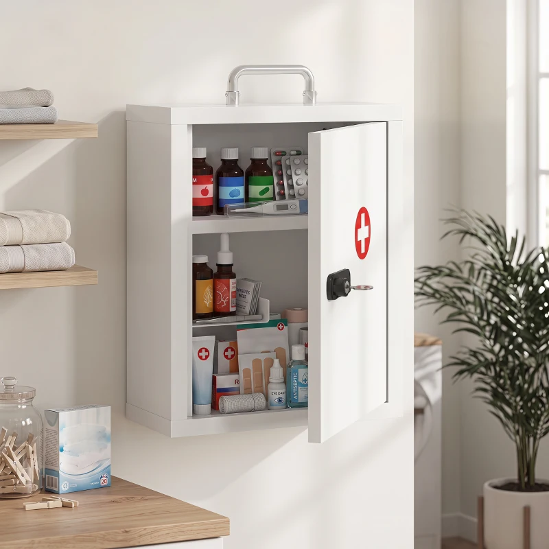 HOMCOM Wall Mount Medicine Cabinet with Combination and Key Lock, 3 Tier Steel First Aid Cabinet, White