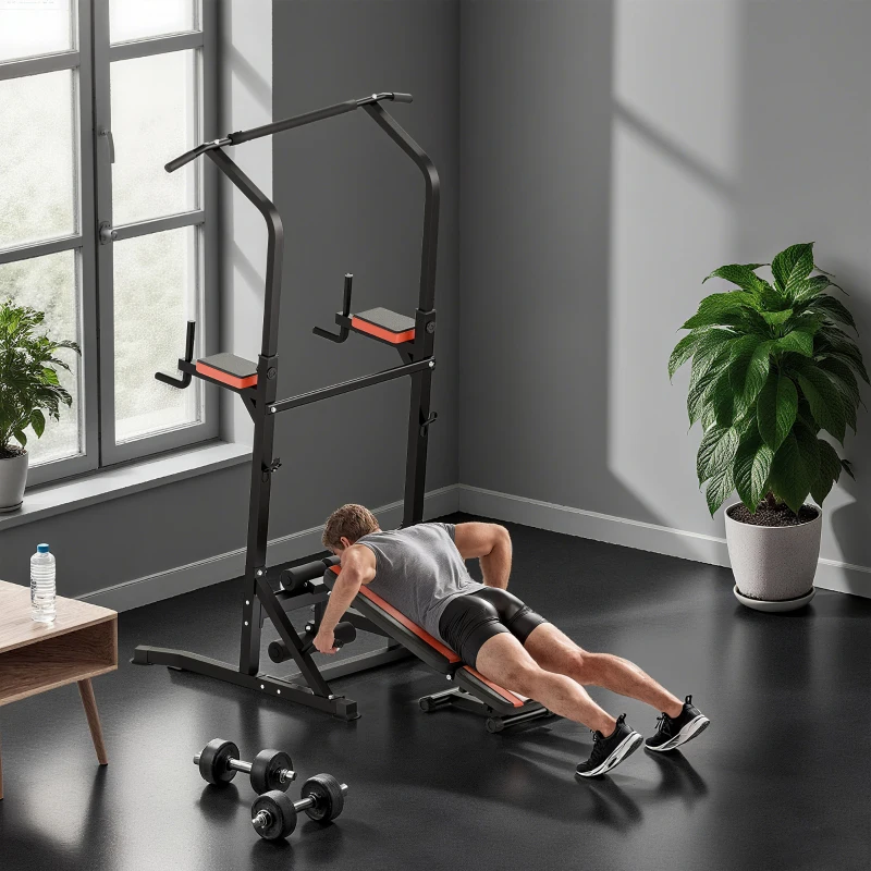 HOMCOM Power Tower Pieghevole con Panca Piana Regolabile, Rack Palestra Multifunzione con Barre per Dip e Trazioni, Altezza Regolabile 7 Livelli, in Acciaio, Allenamento Fitness Casa Palestra, Rosso