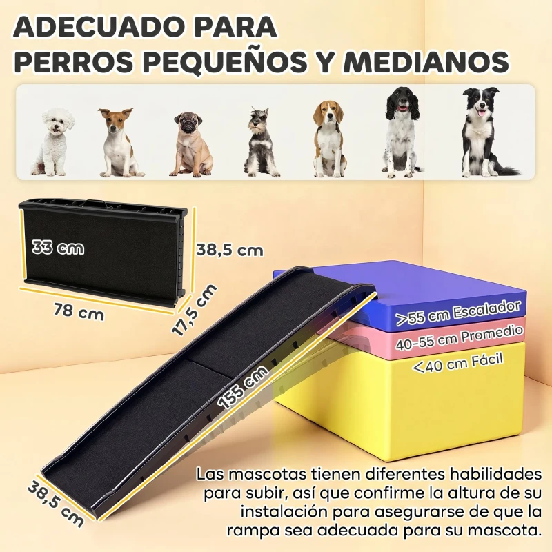PawHut Rampa para Perros 155 cm Rampa para Perros para Coche Plegable con Asa Ángulo Ajustable Negro