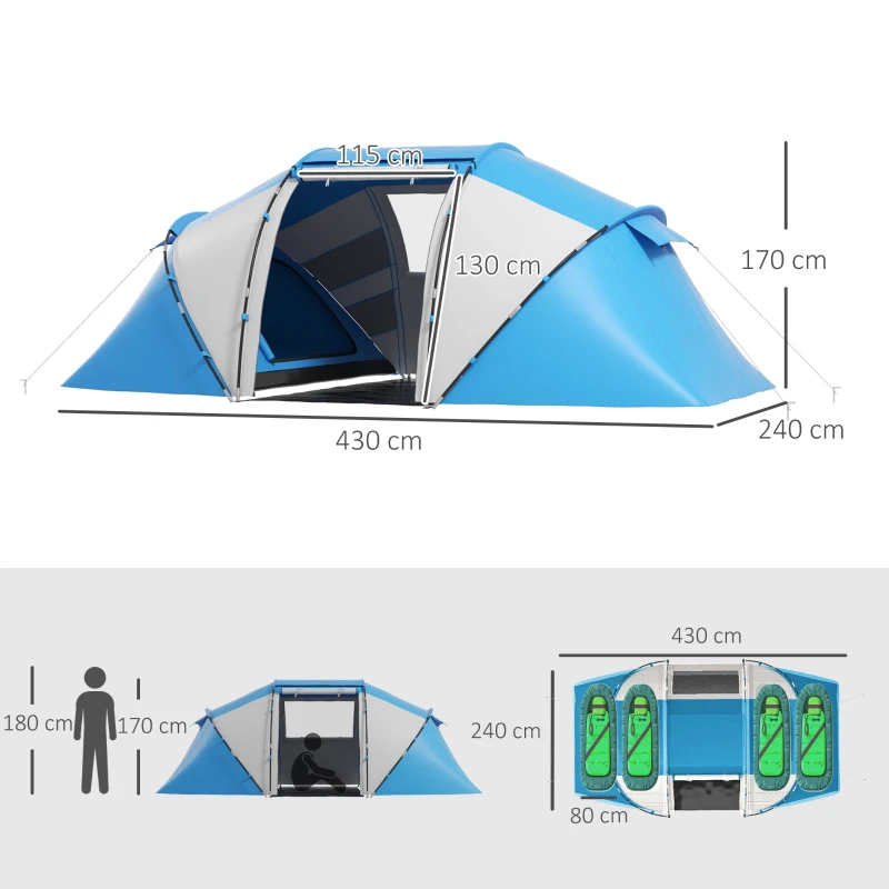 Outsunny Tienda de Campaña Familiar para 4 Personas con 2 Habitaciones y Bolsa de Transporte 430x230x170 cm Azul y Blanco