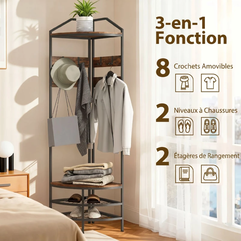 HOMCOM Meuble d'entrée d'angle, vestiaire à 4 niveaux, rangement pour chaussures, 8 patères mobiles, 2 étagères, brun rustique