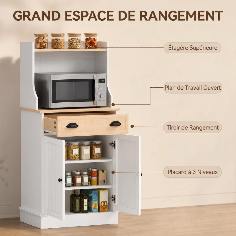 HOMCOM Meuble armoire micro-ondes pour cuisine avec espace ouvert 1 tiroir et placard 2 portes 61 x 35 x 125,4 cm chêne