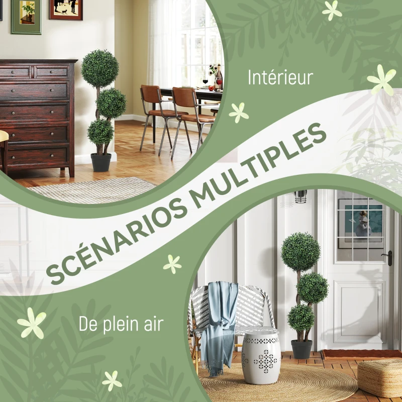 HOMCOM Plante Artificielle 100 cm, 3 Boules de Buis, Pot, Facile à Nettoyer, Arbre Artificiel Intérieur Extérieur, Vert