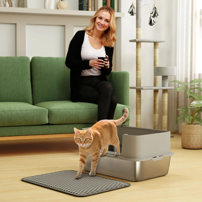 PawHut High Sided Stainless Steel Litter Box, Metal Cat Litter Tray with Metal Scoop, Litter Mat, Never Absorbs Odors, Grey