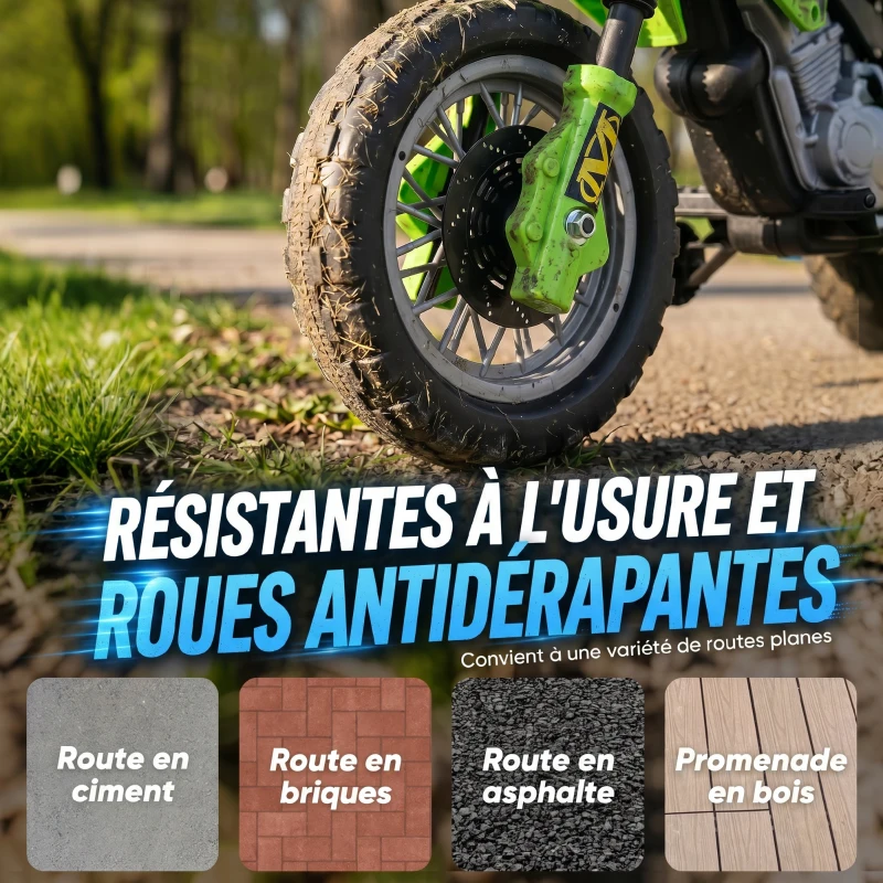 HOMCOM Moto électrique enfants, moto cross pour enfants avec batterie 6 V, phares, musiques et roues d'entraînement, 3 à 6 ans, charge 25KG, vert et noir