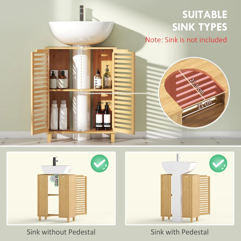 HOMCOM Under Sink Bathroom Cabinet, Freestanding Bamboo Under Sink Cabinet with Louvered Doors and Adjustable Shelf, Natural