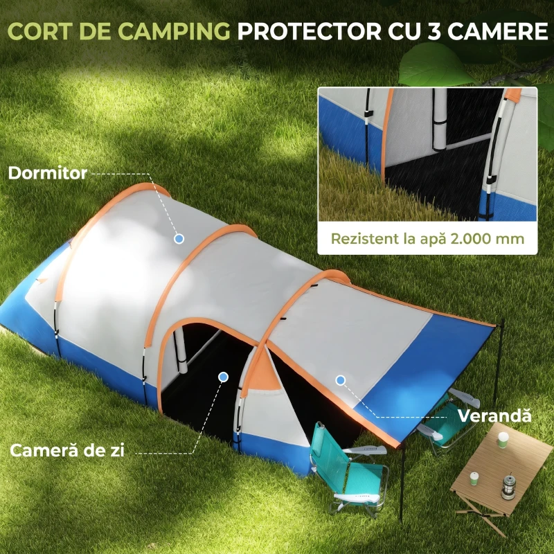 Outsunny Cort de Camping Impermeabil cu 2 Zone și 3 Intrări, Poliester și Fibră de Sticlă, 420x200x150 cm, Portocaliu