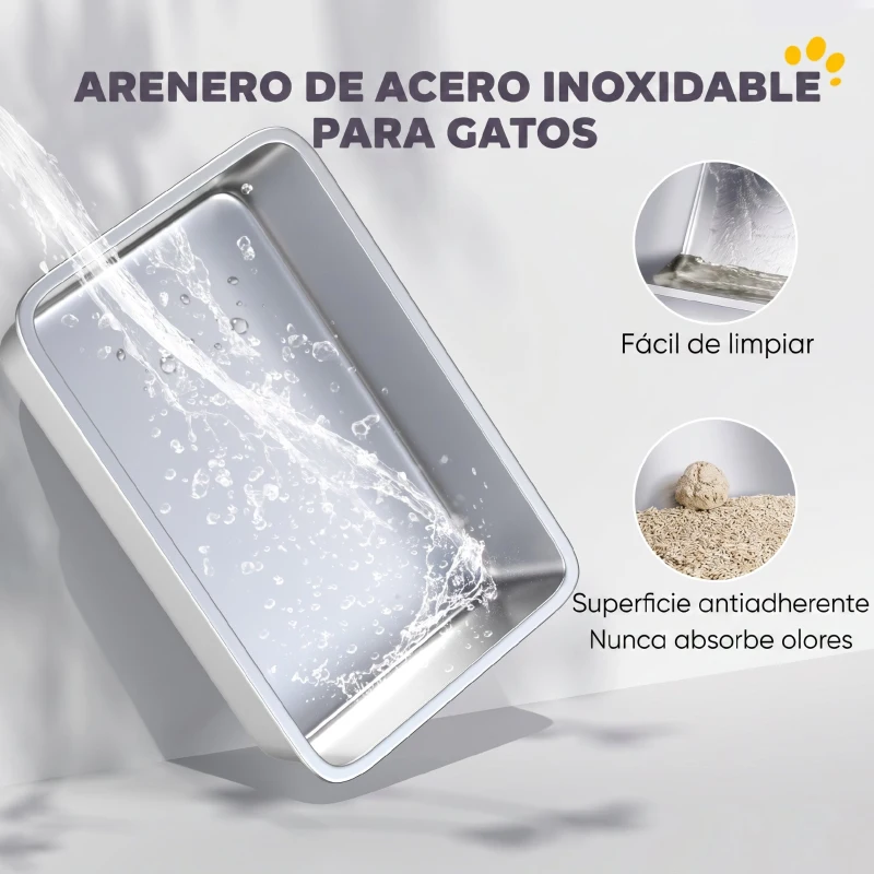 PawHut Arenero para Gatos de Acero Inoxidable XL con Borde Alto Pala Fácil de Limpiar Prueba de Fugas 60x40x29,5 cm Gris