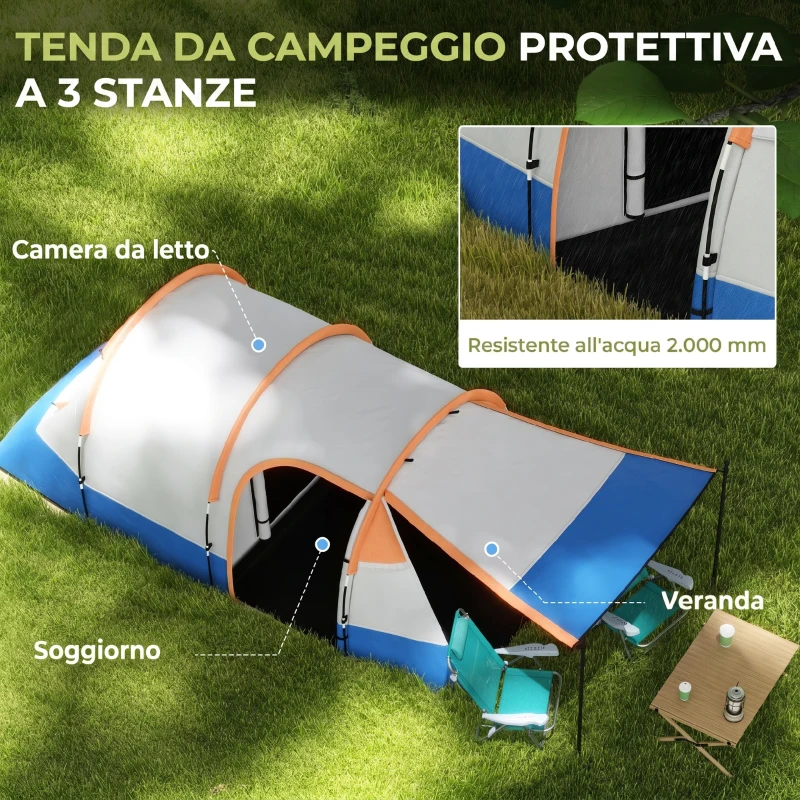 Outsunny Tenda da Campeggio Impermeabile con 2 Aree e 3 Ingressi, Poliestere e Fibra di Vetro, 420x200x150 cm, Arancione