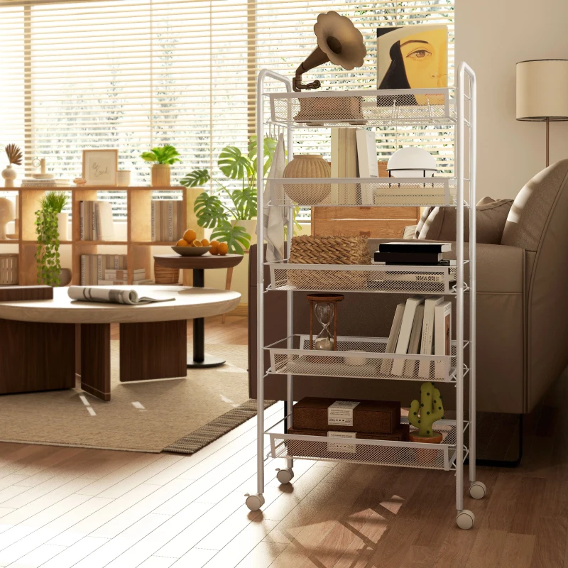 HOMCOM Carrito Auxiliar con Ruedas de 5 Niveles con Cestas de Malla Extraíbles y Marco de Acero 45x26,5x106 cm Blanco