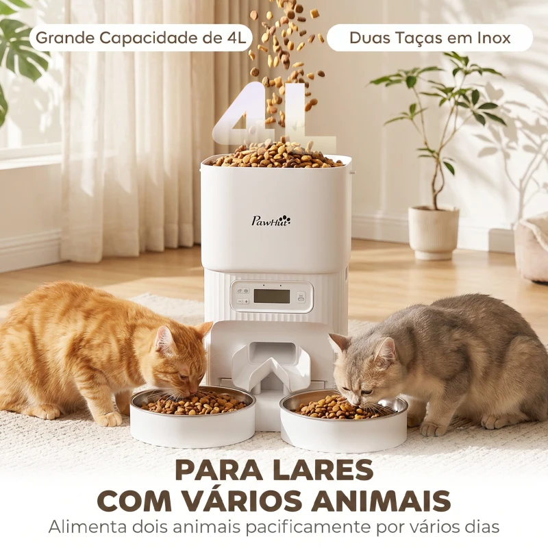 PawHut Alimentador Automático para Gatos/Cães 4L com 2 Tigelas, Dispensador de Ração 1-6 Refeições por Dia e Dupla Alimentação