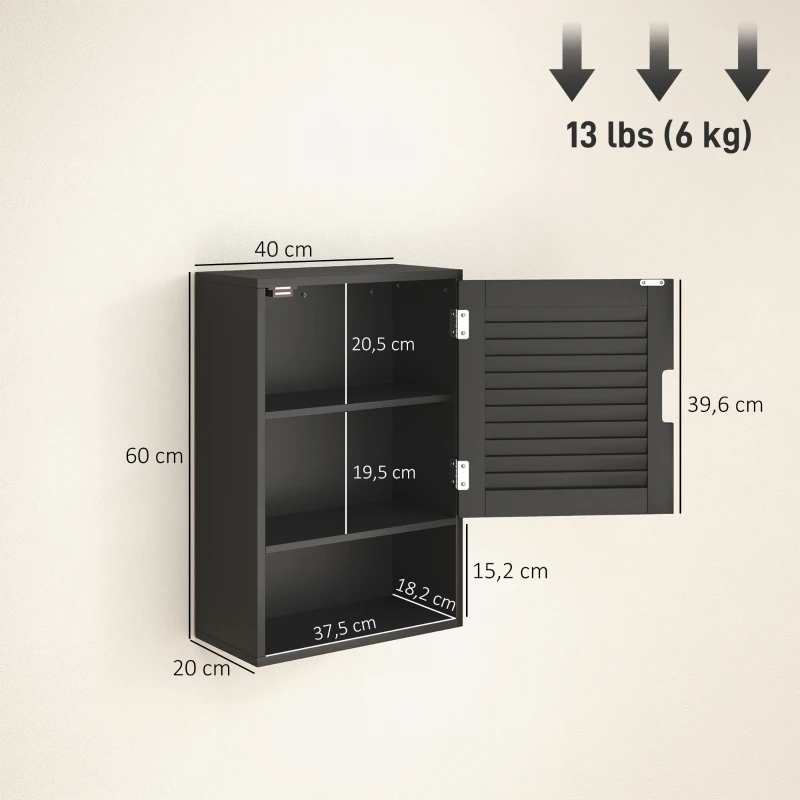 HOMCOM Armadietto Bagno a Parete con Ripiano Regolabile e Anta Ammortizzata, 40x20x60 cm, Nero