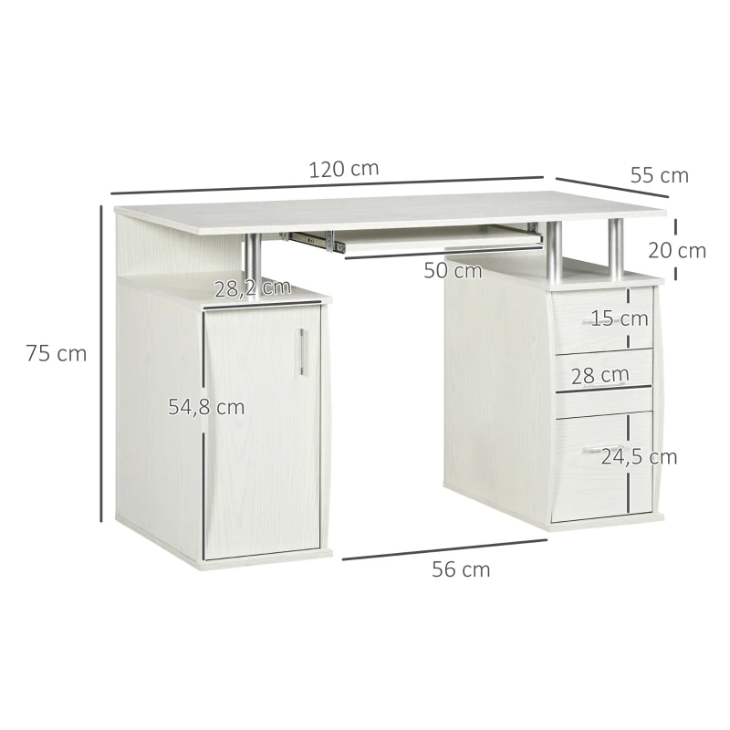 HOMCOM Computerschreibtisch 120 x 55 cm mit Tastaturauszug, 3 Schubladen, für Schlafzimmer, Zuhause, weiß