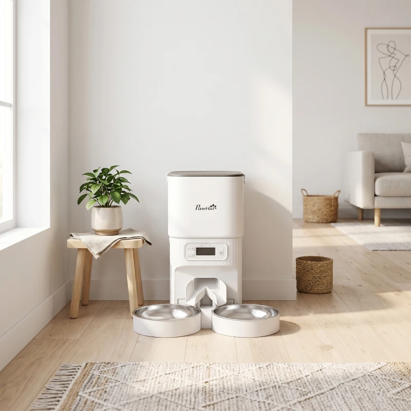 PawHut Alimentador Automático para Gatos/Cães 4L com 2 Tigelas, Dispensador de Ração 1-6 Refeições por Dia e Dupla Alimentação