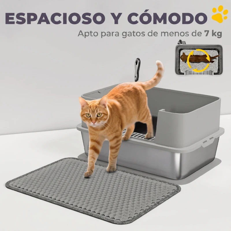 PawHut Arenero para Gatos de Acero Inoxidable XL con Borde Alto Pala Fácil de Limpiar Prueba de Fugas 60x40x29,5 cm Gris