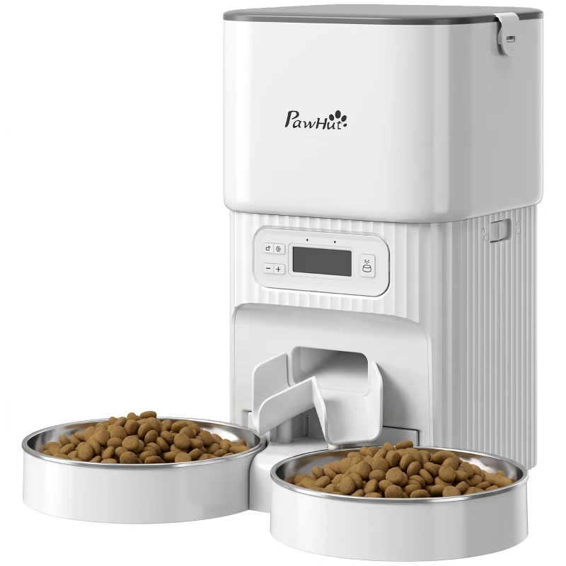 PawHut Alimentador Automático para Gatos/Cães 4L com 2 Tigelas, Dispensador de Ração 1-6 Refeições por Dia e Dupla Alimentação