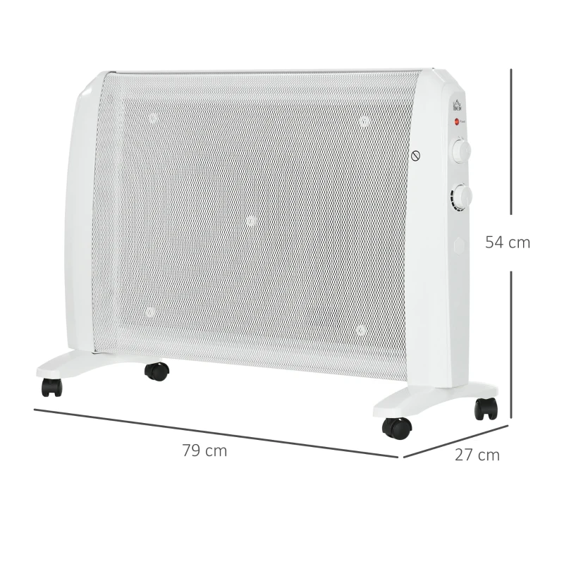 HOMCOM Calefactor Eléctrico 1000W/2000W Radiador de Mica con 2 Niveles de Potencia para 15-20m² 79x27x54 cm Blanco