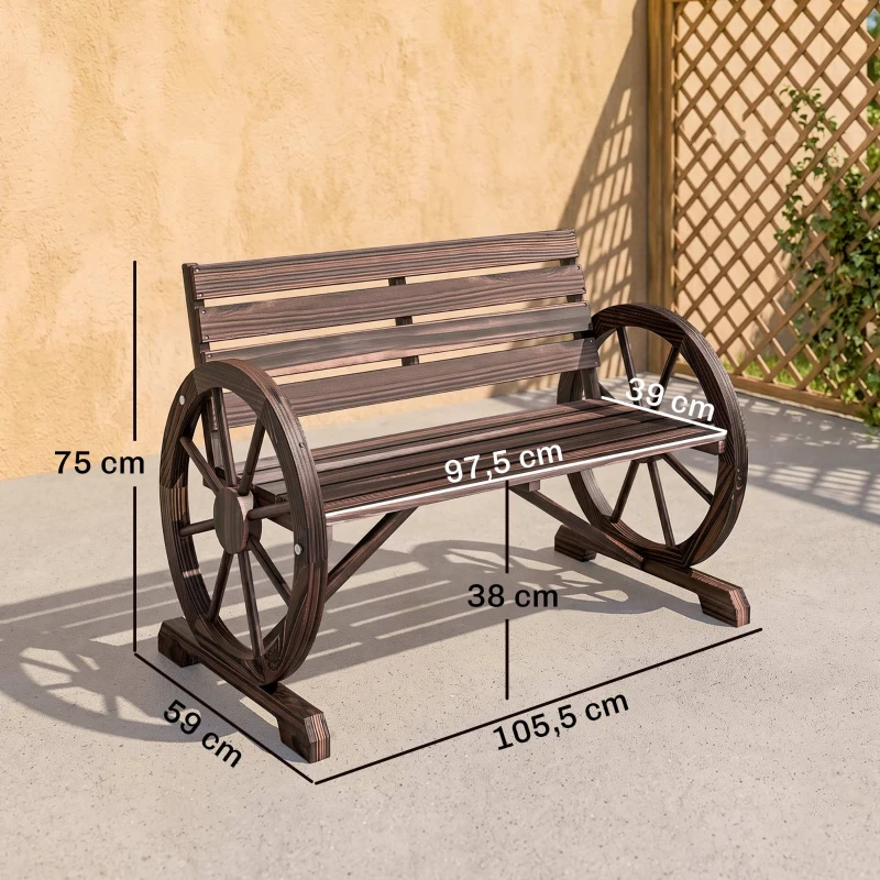 Outsunny Banc de Jardin banc 3 places banc en bois Style Rustique Chic accoudoirs Roues Charette Bois Sapin traité carbonisation