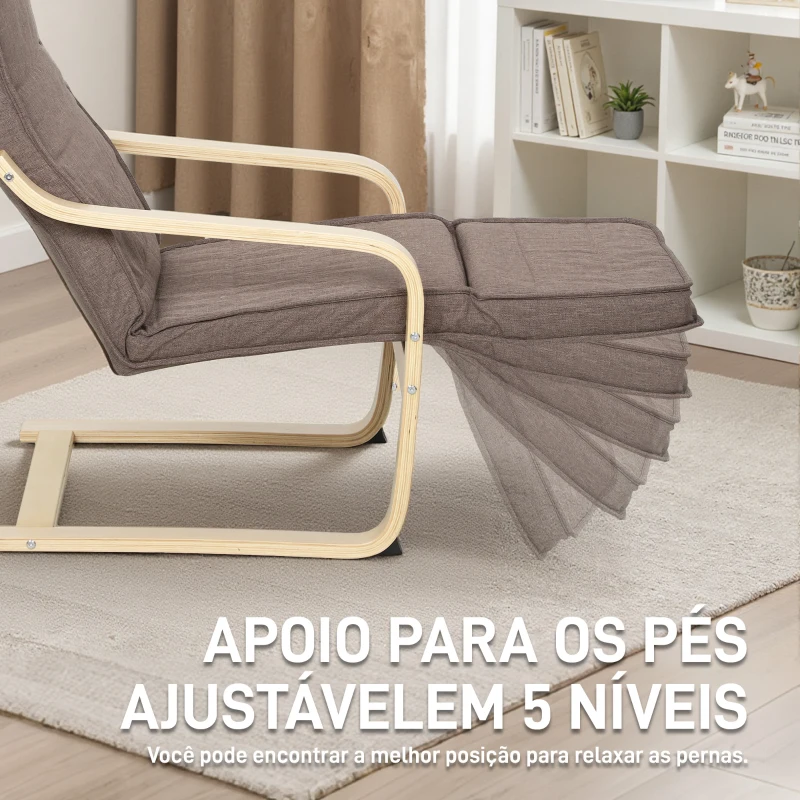 HOMCOM Poltrona Relax com Apoio para os Pés Ajustáveis Poltrona Estofada em Tecido com Estrutura de Madeira 66,5x94x100 cm Marrom