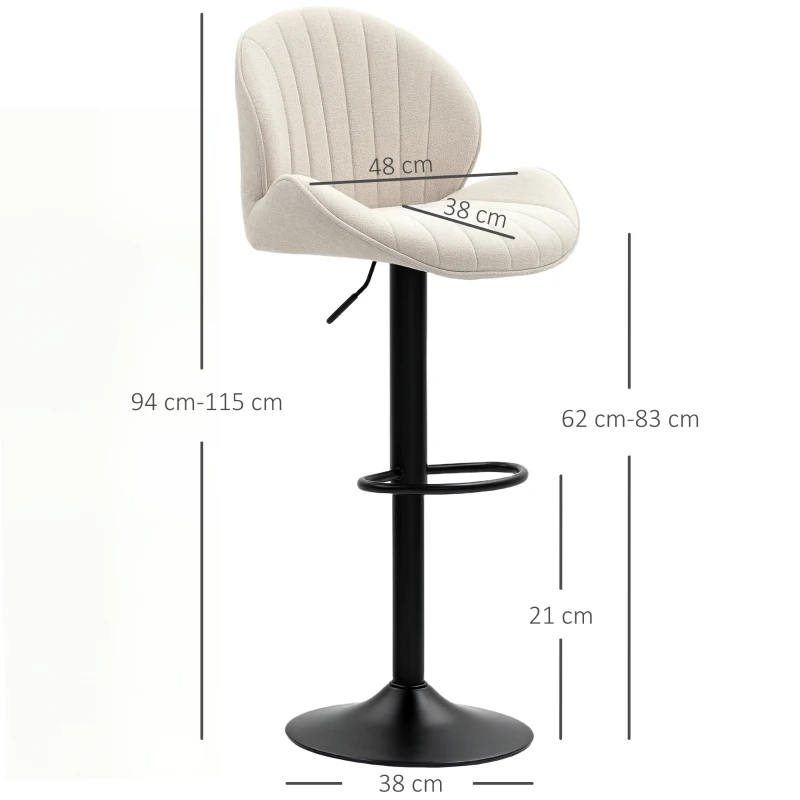 HOMCOM Set 2 Scaune de Bar tip Scoică cu Suport pentru Picioare, din Material Textil cu Efect de Catifea, 48x50x94-115 cm, Negru și Bej