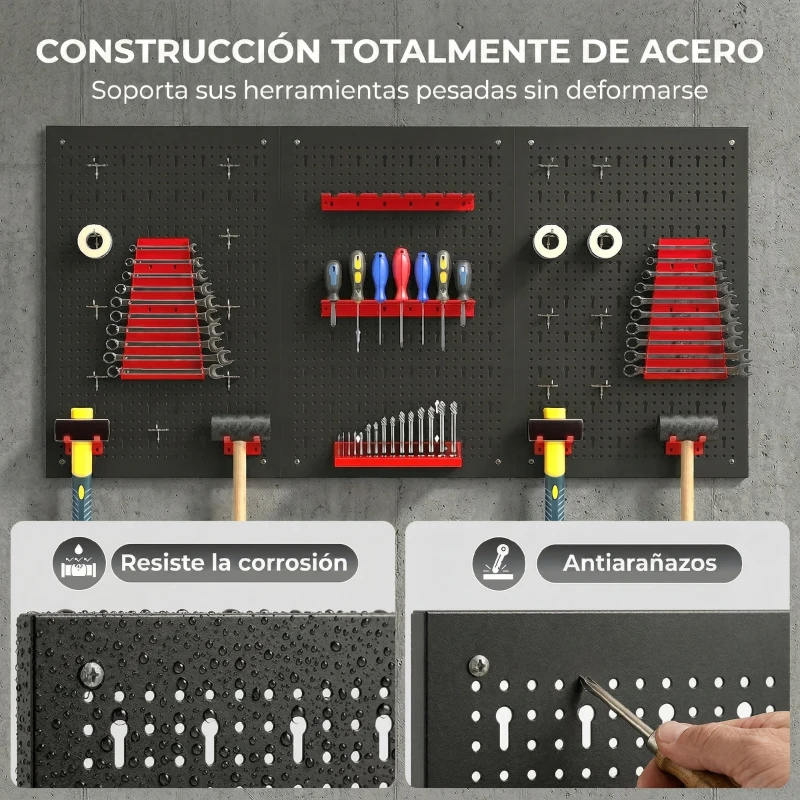 HOMCOM 3 Paneles de Herramientas de Pared 28 Piezas cada panel 60x40 cm con Ganchos y Estantes Negro y Rojo