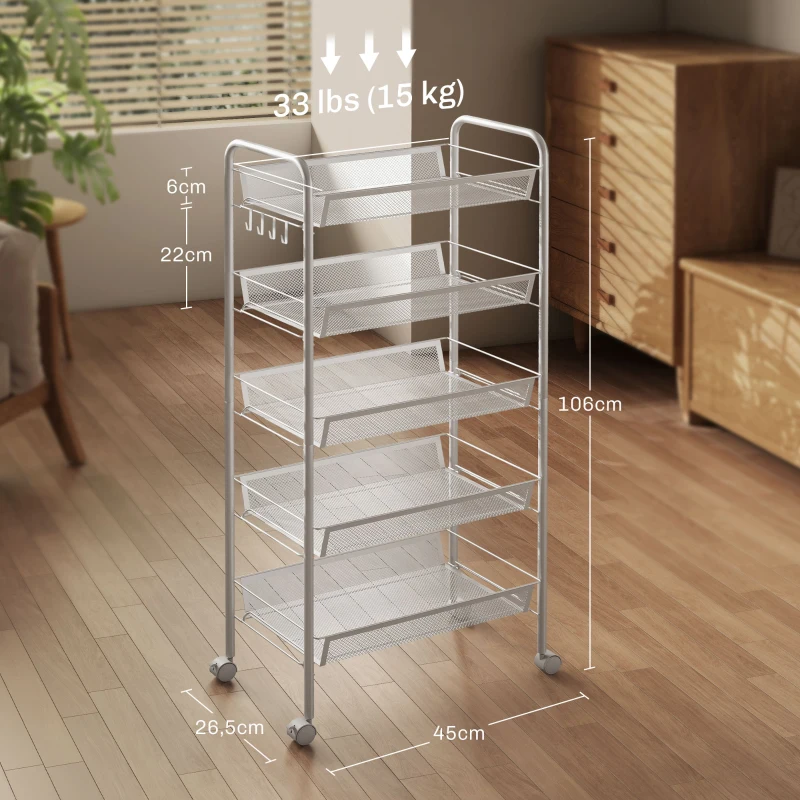 HOMCOM Carrito Auxiliar con Ruedas de 5 Niveles con Cestas de Malla Extraíbles y Marco de Acero 45x26,5x106 cm Blanco
