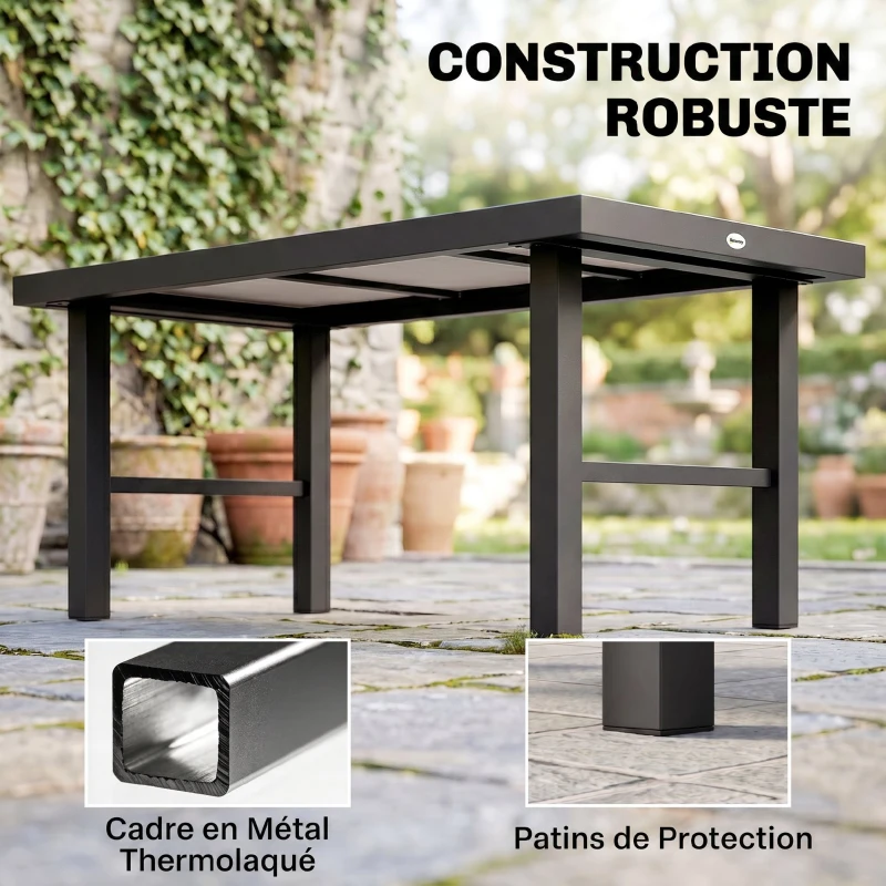 Outsunny Table basse de jardin rectangulaire table de jardin avec plateau SPC à effet bois en métal, 100 x 52 x 46 cm, noir