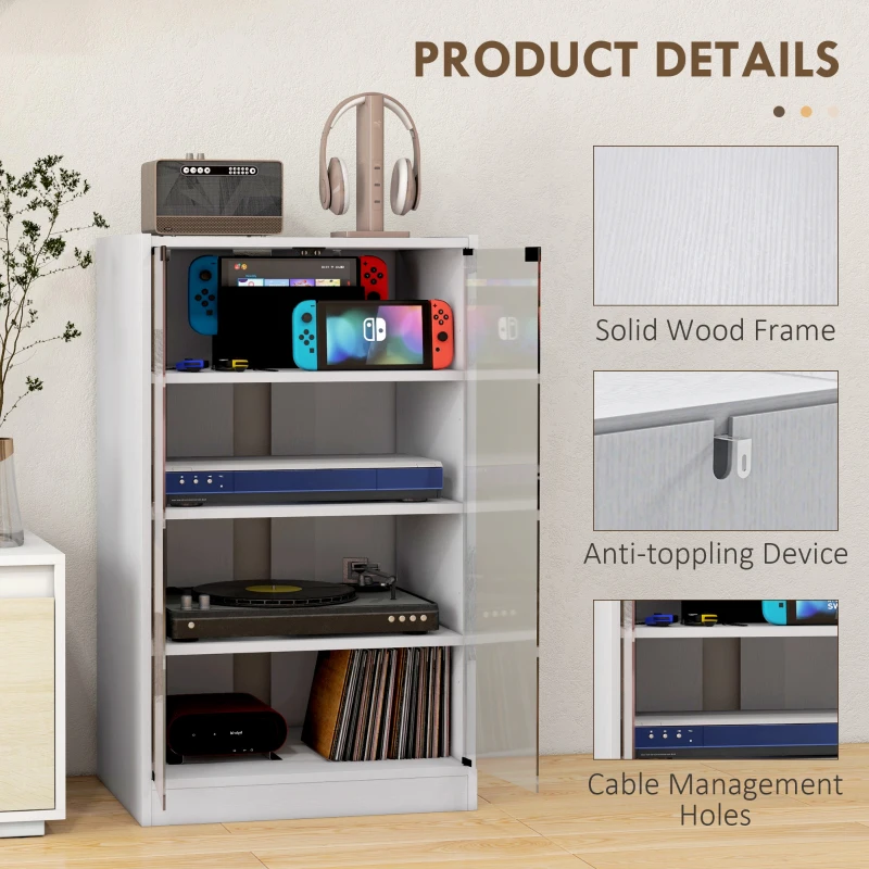 HOMCOM 4-Tier Hi-Fi Stand,  Record Player Stand with Adjustable Shelves and Push-to-Open Glass Doors, White Wood-Effect