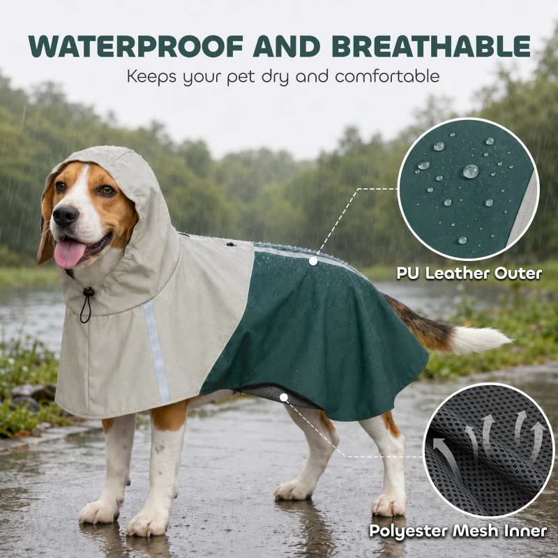 PawHut Dog Raincoat with Hood, Waterproof & Breathable Rain Jacket with Leash Hole, for Medium Dogs, Green, M