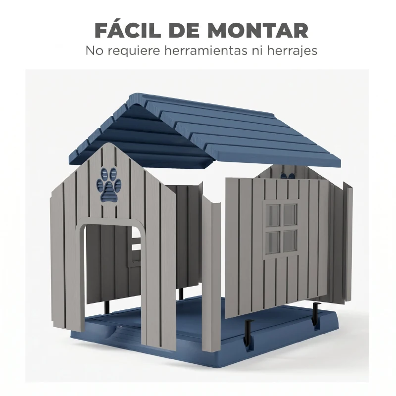 PawHut Caseta para Perros Medianos Exterior de Plástico Impermeable con 2 Ventanas Base Elevada Estacas 85x79x82 cm Gris