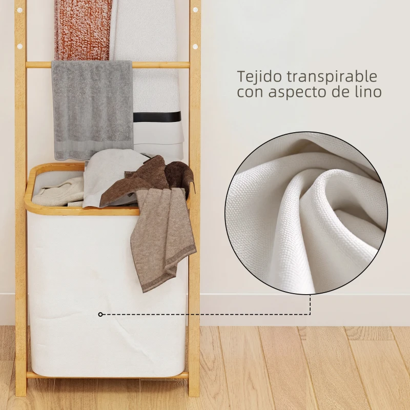 HOMCOM Estantería para Baño de Bambú Toallero de Pie con 3 Barras Cesto para Ropa Sucia Extraíble de 48 L Crema