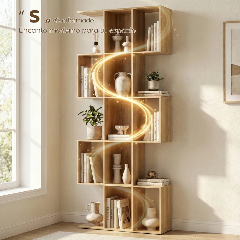 HOMCOM Librería en Forma de S de 5 Niveles para Salón Dormitorio Estudio Oficina 80x24x200 cm Roble
