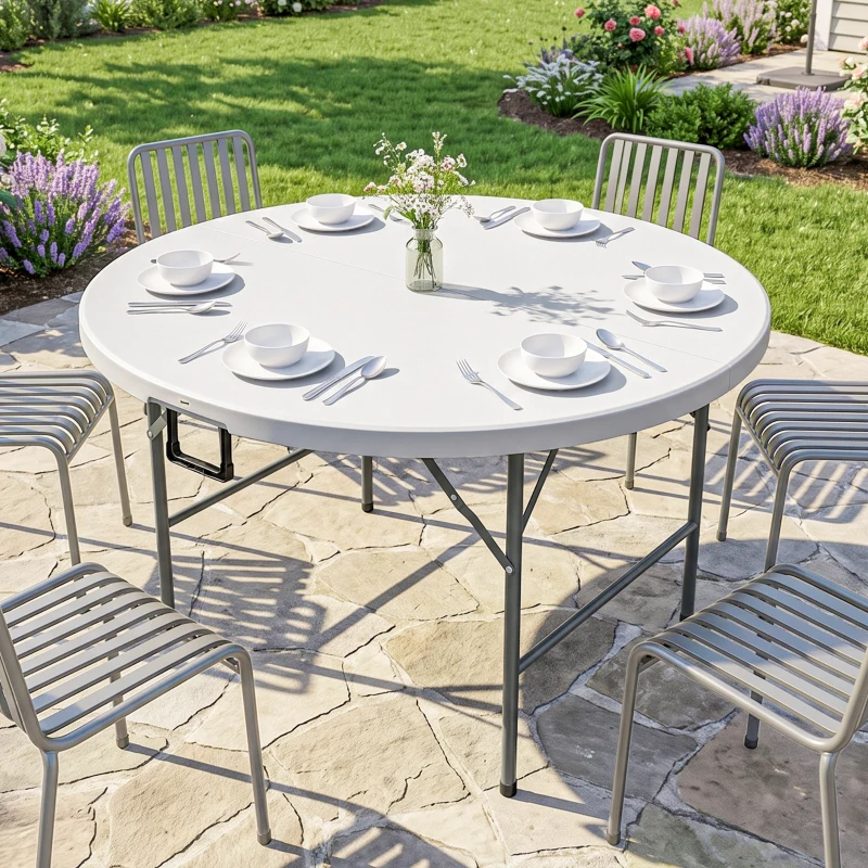 Outsunny Tavolo Pieghevole per Giardino e Campeggio, in Acciaio e HDPE, Ø122x73 cm, Grigio e Bianco